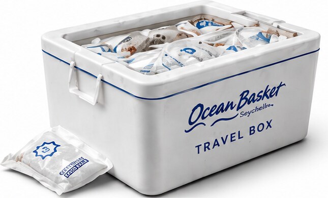 An Ocean Basket Travel Box packed with iced fish
